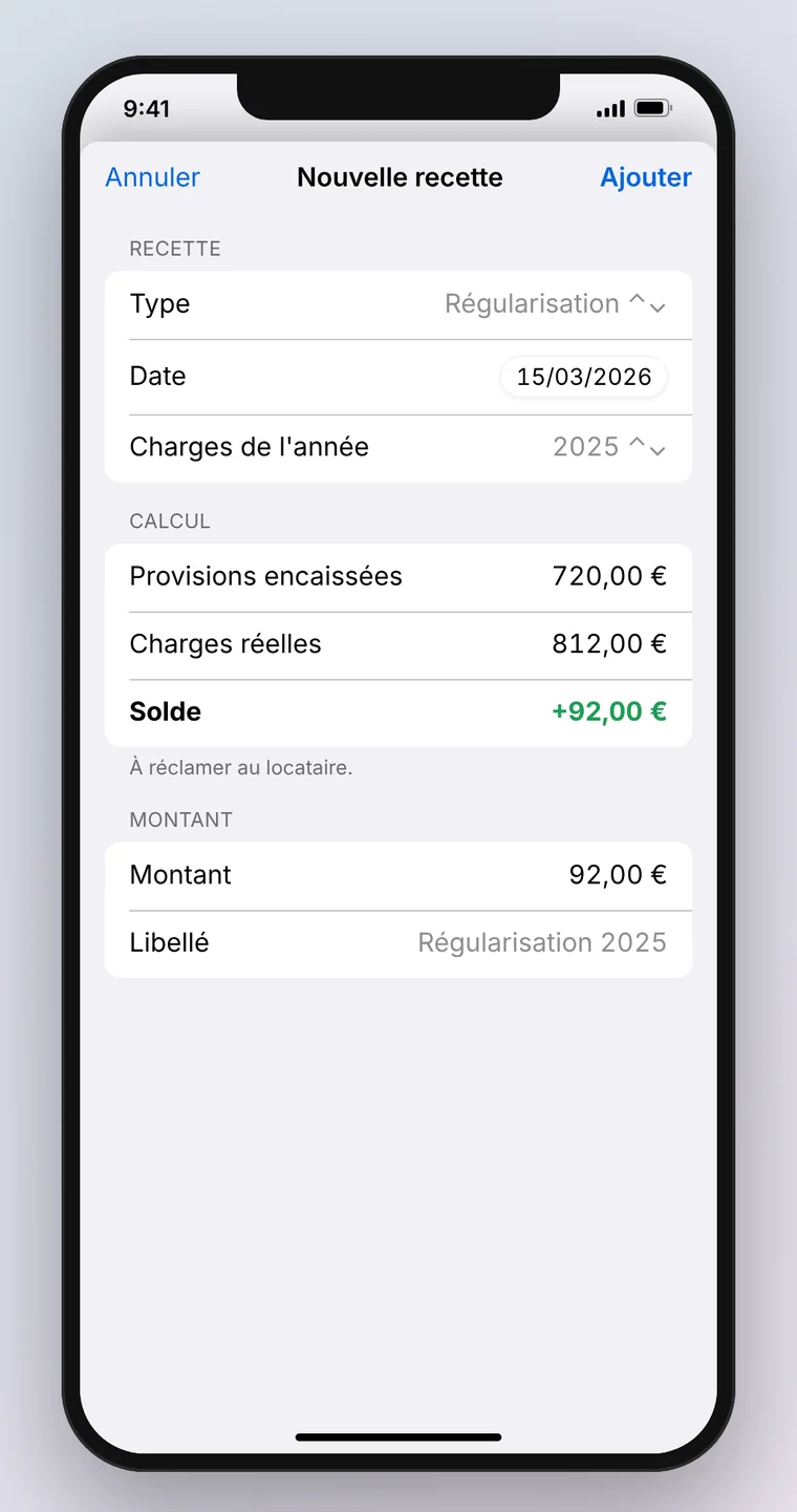 iPhone : saisie d'une régularisation de charges avec le calcul du solde.
